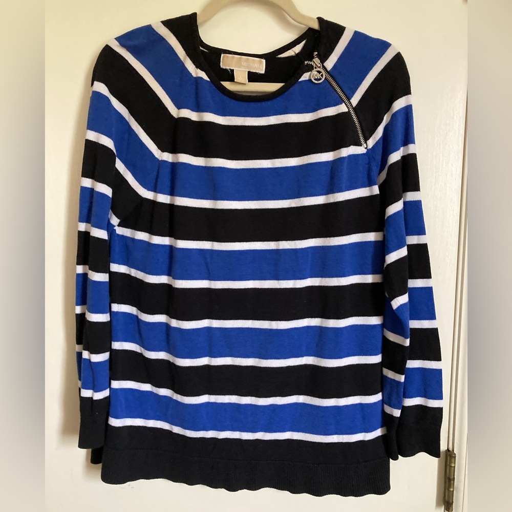 Michael Michael Kors Blue Striped Zipper Detail Thick Knit Long Sleeve Shirt #Gr